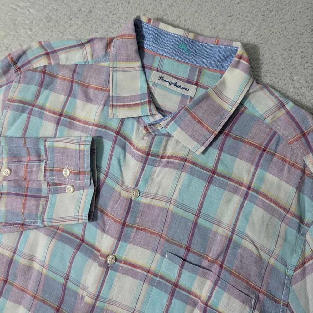 Tommy Bahama Button Up Mens‎ L Multicolor Plaid 100% Linen L/S Pocket EUC